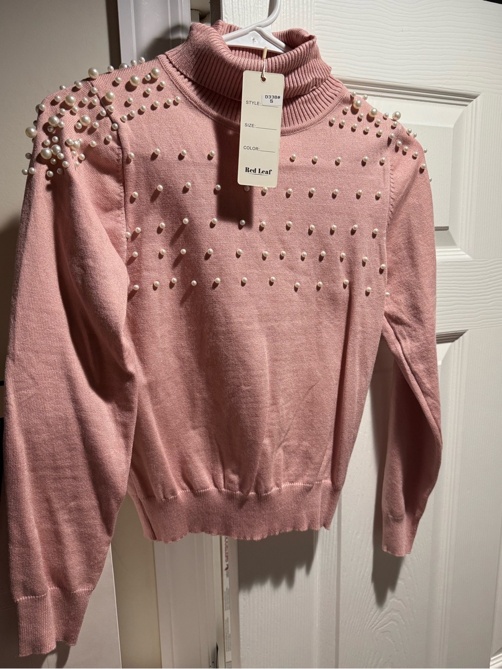 Women’s Pink Pearl-Embellished Turtleneck Sweater
